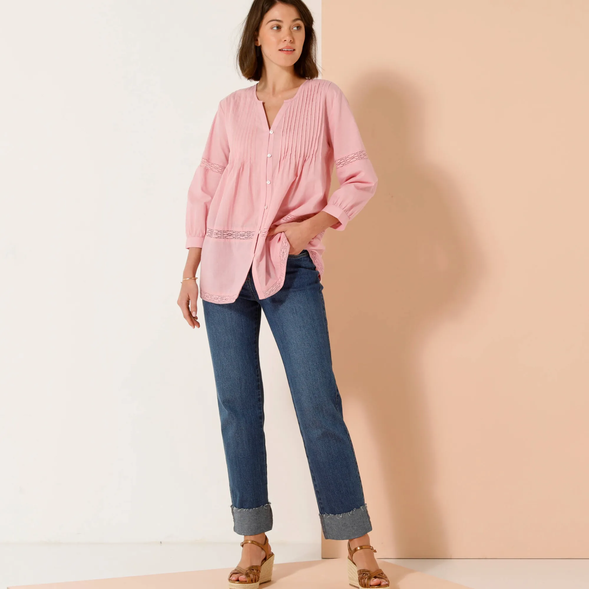 Bloes En Tuniek<Blancheporte Tuniek met knoopsluiting en plooitjes, macramé grijsroze