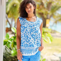 Bloes En Tuniek<Blancheporte Tuniek met knoopsluiting, bedrukt blauw