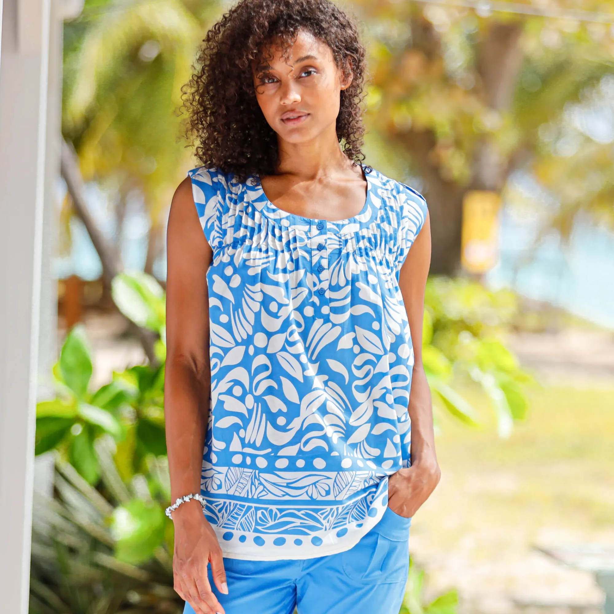 Bloes En Tuniek<Blancheporte Tuniek met knoopsluiting, bedrukt blauw