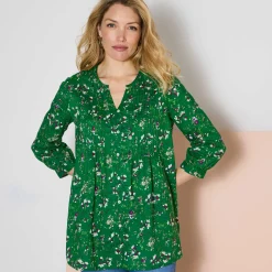 Bloes En Tuniek<Blancheporte Tuniek met knopen, plooitjes en bloemenprint groen