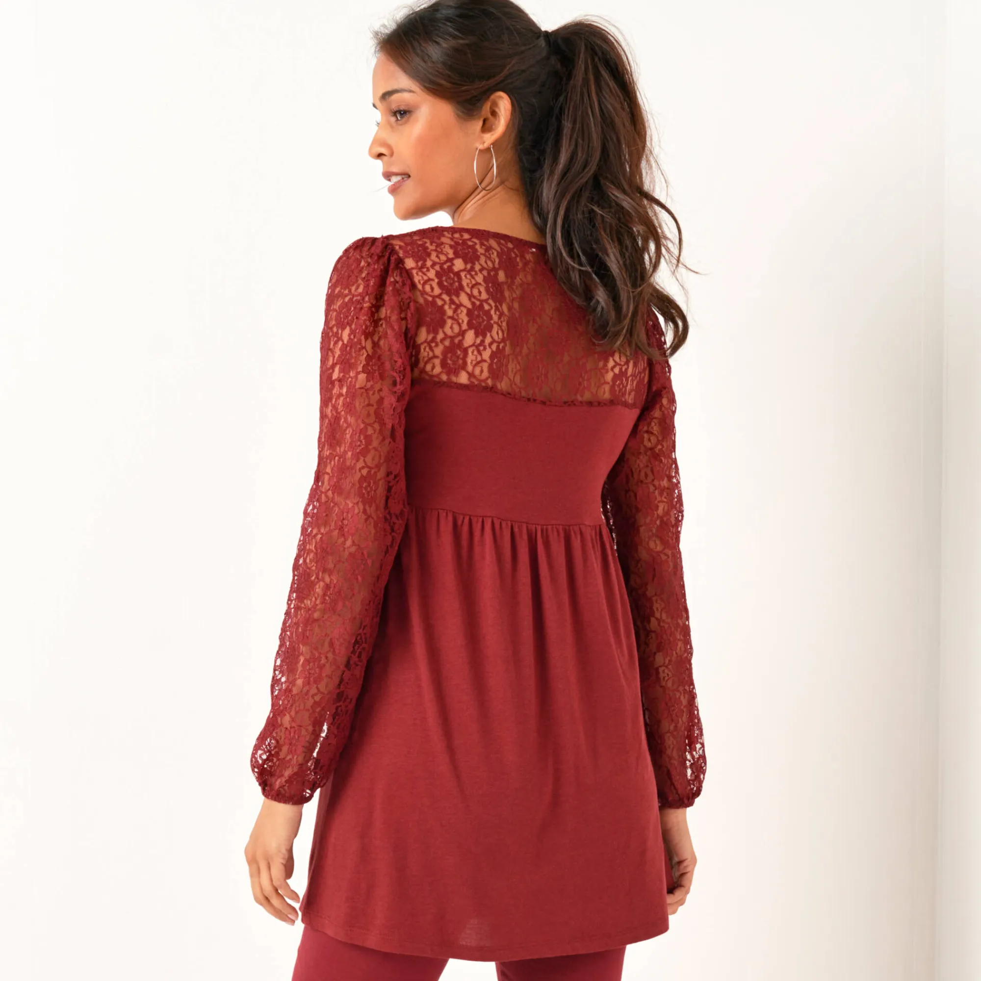 Feestoutfits Dames|T-Shirt En Topje<Blancheporte Tuniek met lange mouwen en kant bordeaux