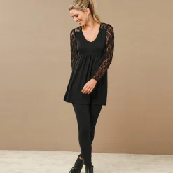 Feestoutfits Dames|T-Shirt En Topje<Blancheporte Tuniek met lange mouwen en kant zwart