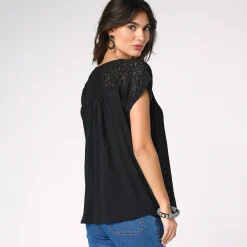 Bloes En Tuniek<Blancheporte Tuniek met macramé, in katoencrêpe zwart
