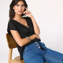 Bloes En Tuniek<Blancheporte Tuniek met macramé, in katoencrêpe zwart