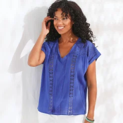 Bloes En Tuniek<Blancheporte Tuniek met macramé, in katoencrêpe felblauw