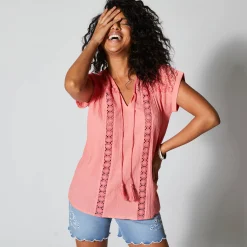Bloes En Tuniek<Blancheporte Tuniek met macramé, in katoencrêpe koraal