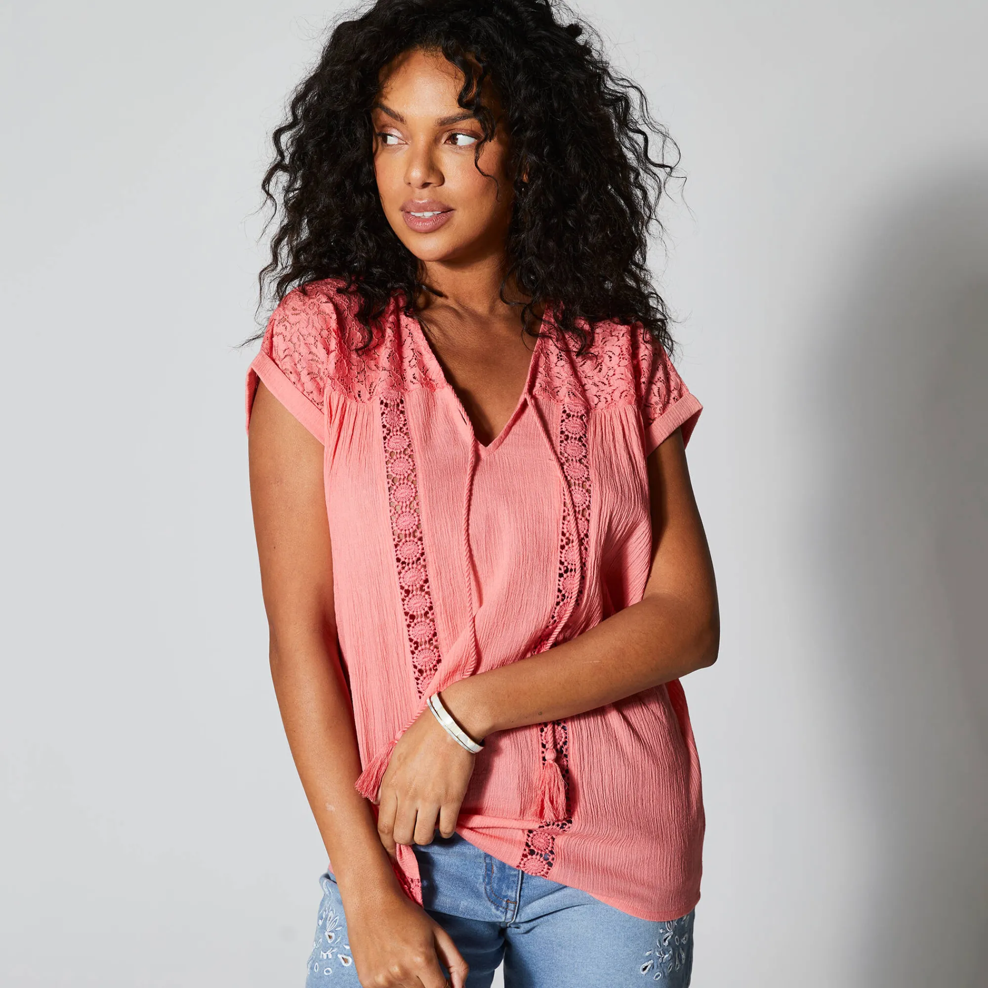 Bloes En Tuniek<Blancheporte Tuniek met macramé, in katoencrêpe koraal