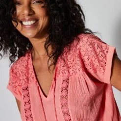 Bloes En Tuniek<Blancheporte Tuniek met macramé, in katoencrêpe koraal
