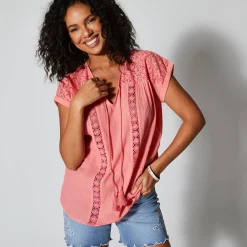 Bloes En Tuniek<Blancheporte Tuniek met macramé, in katoencrêpe koraal