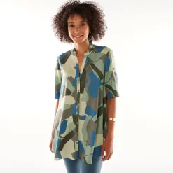 Bloes En Tuniek<Blancheporte Tuniek met Tunesische hals en knoopsluiting, grafische print bronskleur