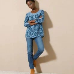 T-Shirt En Topje|Bloes En Tuniek<Blancheporte Tuniek met Tunesische hals en lange mouwen, bedrukt grijsblauw