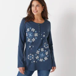 T-Shirt En Topje|Bloes En Tuniek<Blancheporte Tuniek met Tunesische hals en lange mouwen, geplaatste print grijsblauw