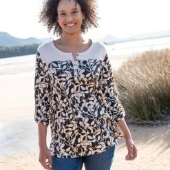 T-Shirt En Topje|Bloes En Tuniek<Blancheporte Tuniek met Tunesische hals en lange mouwen, bedrukt beige / zwart