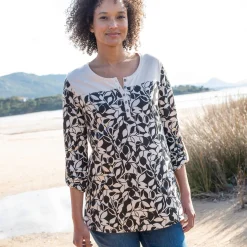 T-Shirt En Topje|Bloes En Tuniek<Blancheporte Tuniek met Tunesische hals en lange mouwen, bedrukt beige / zwart