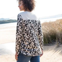 T-Shirt En Topje|Bloes En Tuniek<Blancheporte Tuniek met Tunesische hals en lange mouwen, bedrukt beige / zwart