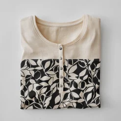 T-Shirt En Topje|Bloes En Tuniek<Blancheporte Tuniek met Tunesische hals en lange mouwen, bedrukt beige / zwart