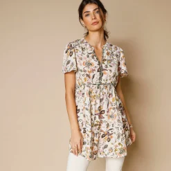 Bloes En Tuniek<Blancheporte Tuniek met Tunesische hals en borduursel, bedrukt ecru / kaki