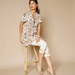 Bloes En Tuniek<Blancheporte Tuniek met Tunesische hals en borduursel, bedrukt ecru / kaki