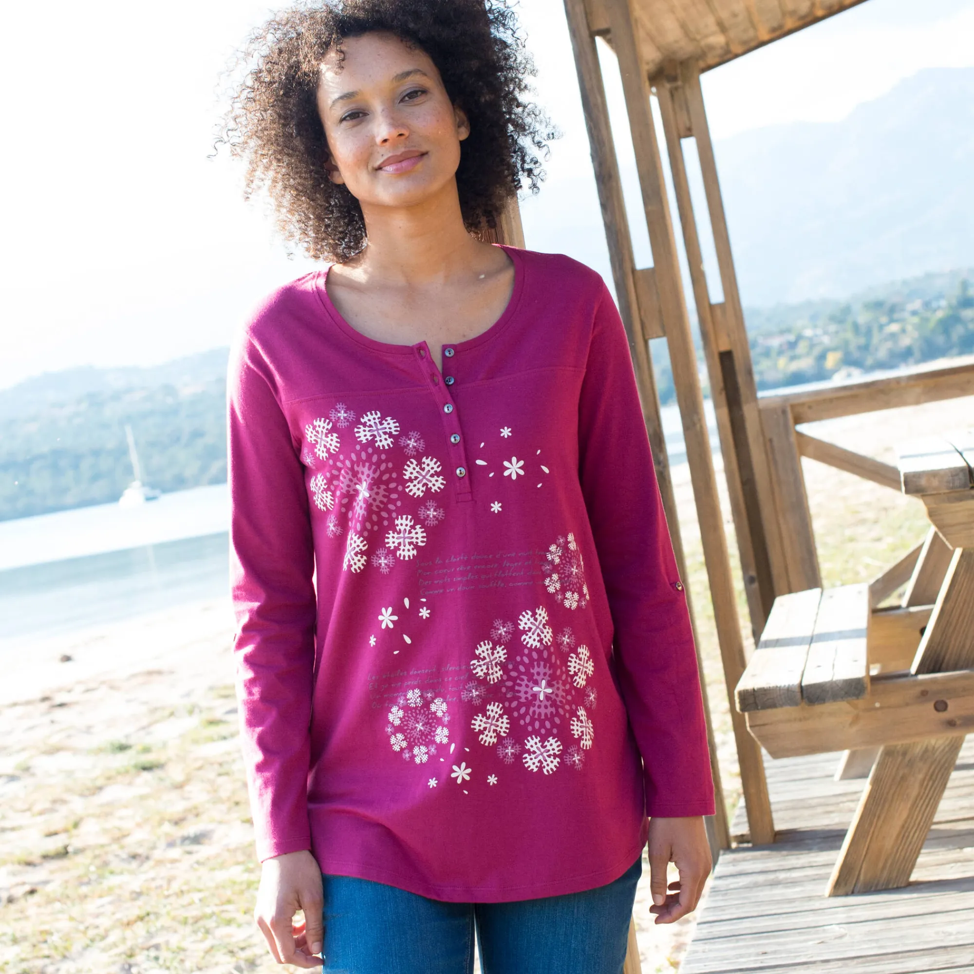 T-Shirt En Topje|Bloes En Tuniek<Blancheporte Tuniek met Tunesische hals en lange mouwen, geplaatste print pruim