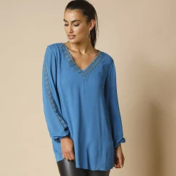 Bloes En Tuniek<Blancheporte Tuniek met V-hals en macramé, lange mouwen, crepon blauw