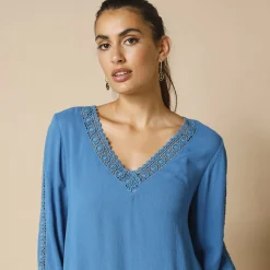 Bloes En Tuniek<Blancheporte Tuniek met V-hals en macramé, lange mouwen, crepon blauw