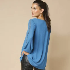 Bloes En Tuniek<Blancheporte Tuniek met V-hals en macramé, lange mouwen, crepon blauw