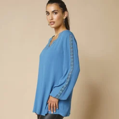 Bloes En Tuniek<Blancheporte Tuniek met V-hals en macramé, lange mouwen, crepon blauw