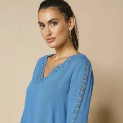 Bloes En Tuniek<Blancheporte Tuniek met V-hals en macramé, lange mouwen, crepon blauw