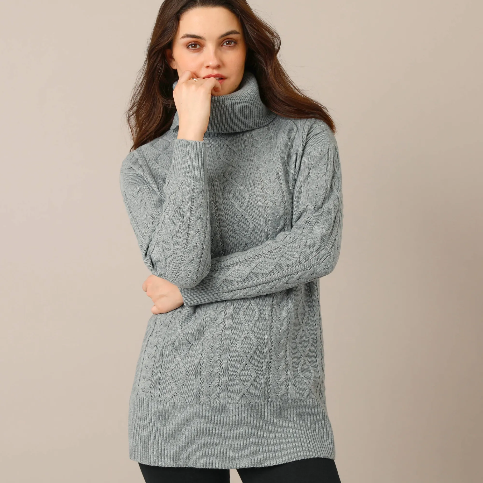Trui En Vest<Blancheporte Tuniektrui in kabeltricot met rolkraag chiné grijs
