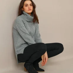 Trui En Vest<Blancheporte Tuniektrui in kabeltricot met rolkraag chiné grijs