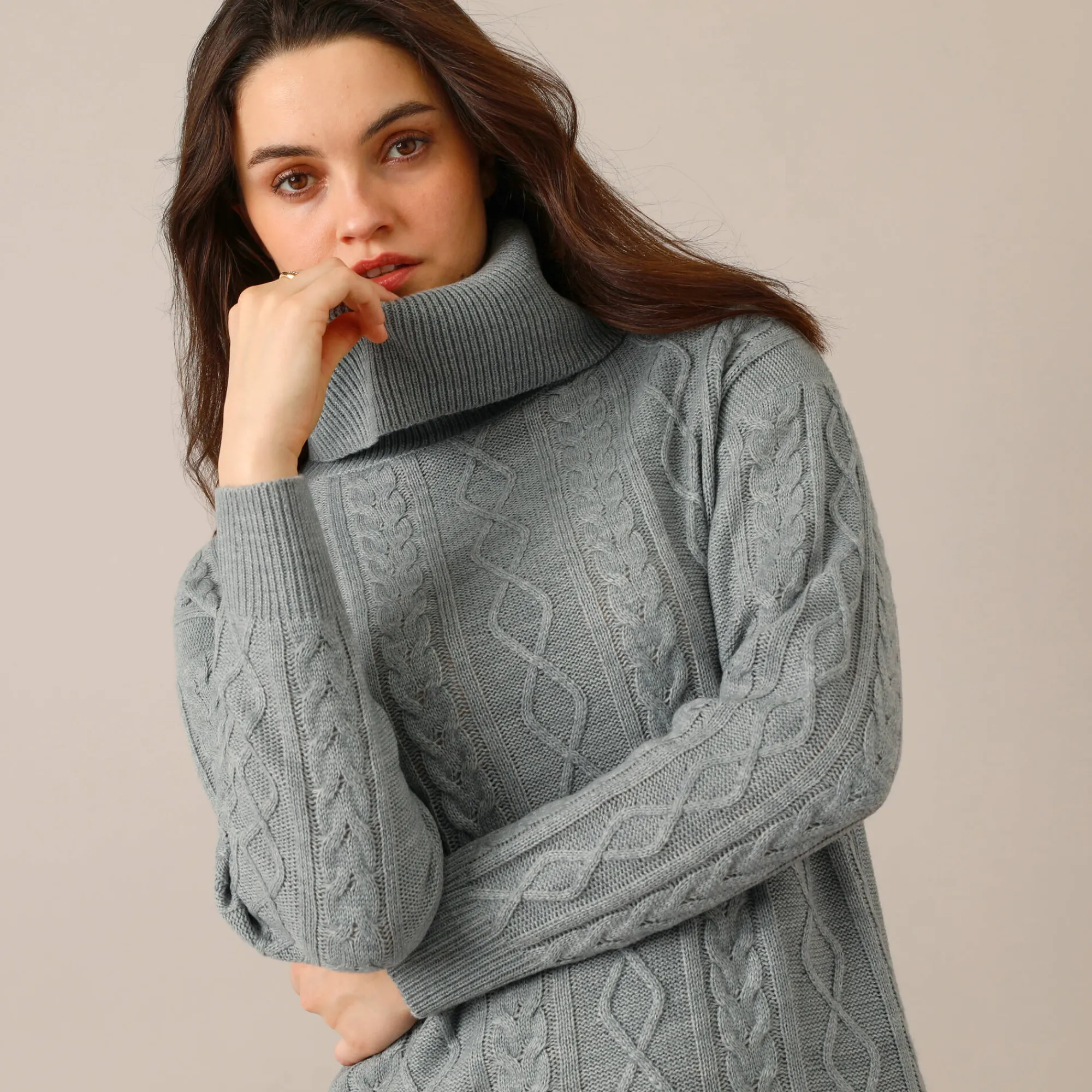 Trui En Vest<Blancheporte Tuniektrui in kabeltricot met rolkraag chiné grijs
