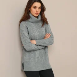 Trui En Vest<Blancheporte Tuniektrui in kabeltricot met rolkraag chiné grijs