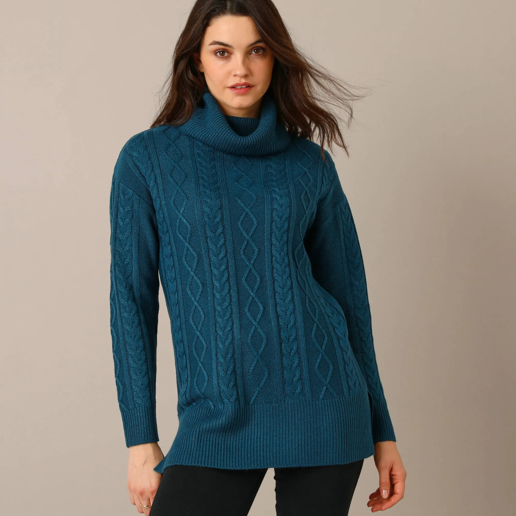 Trui En Vest<Blancheporte Tuniektrui in kabeltricot met rolkraag pauwblauw