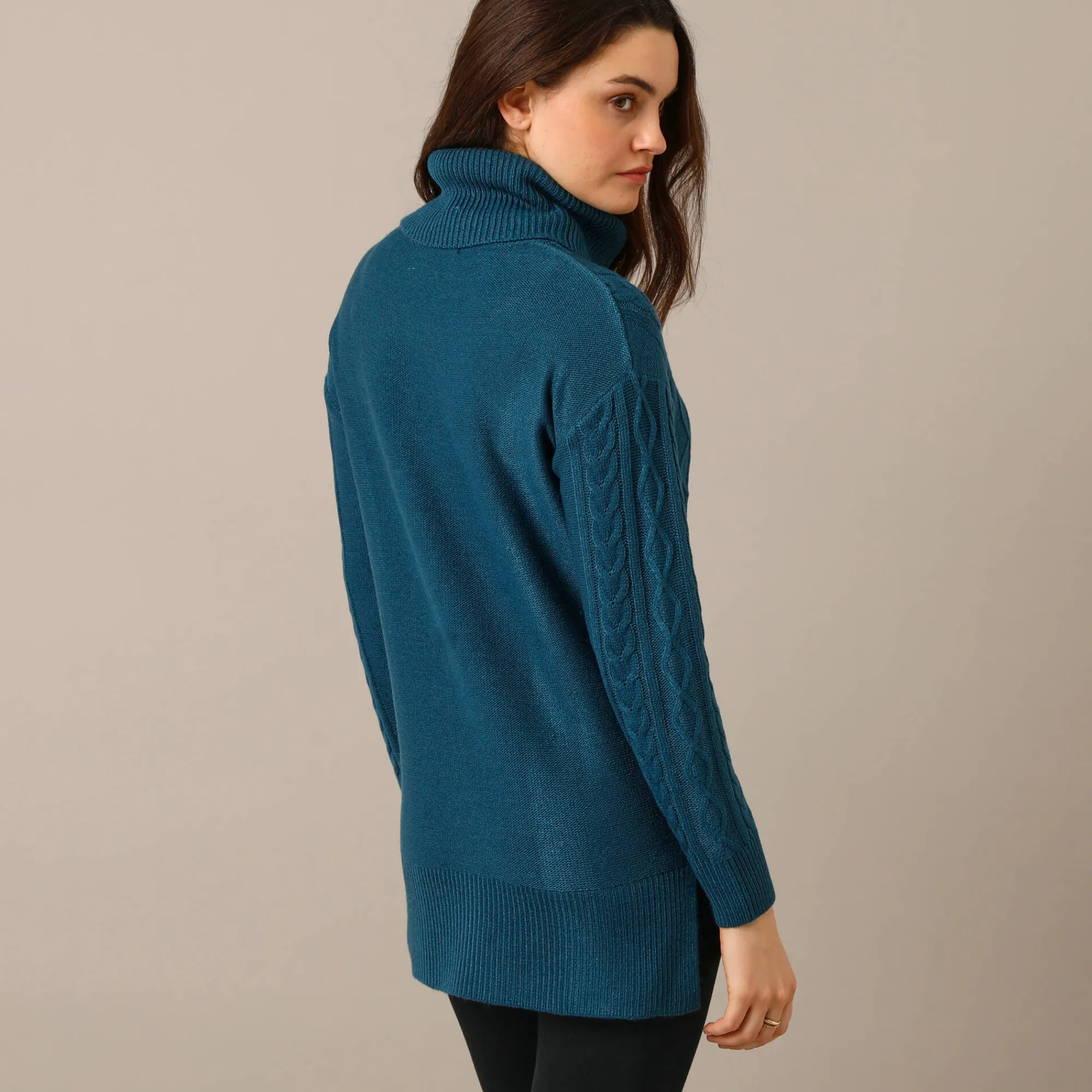Trui En Vest<Blancheporte Tuniektrui in kabeltricot met rolkraag pauwblauw