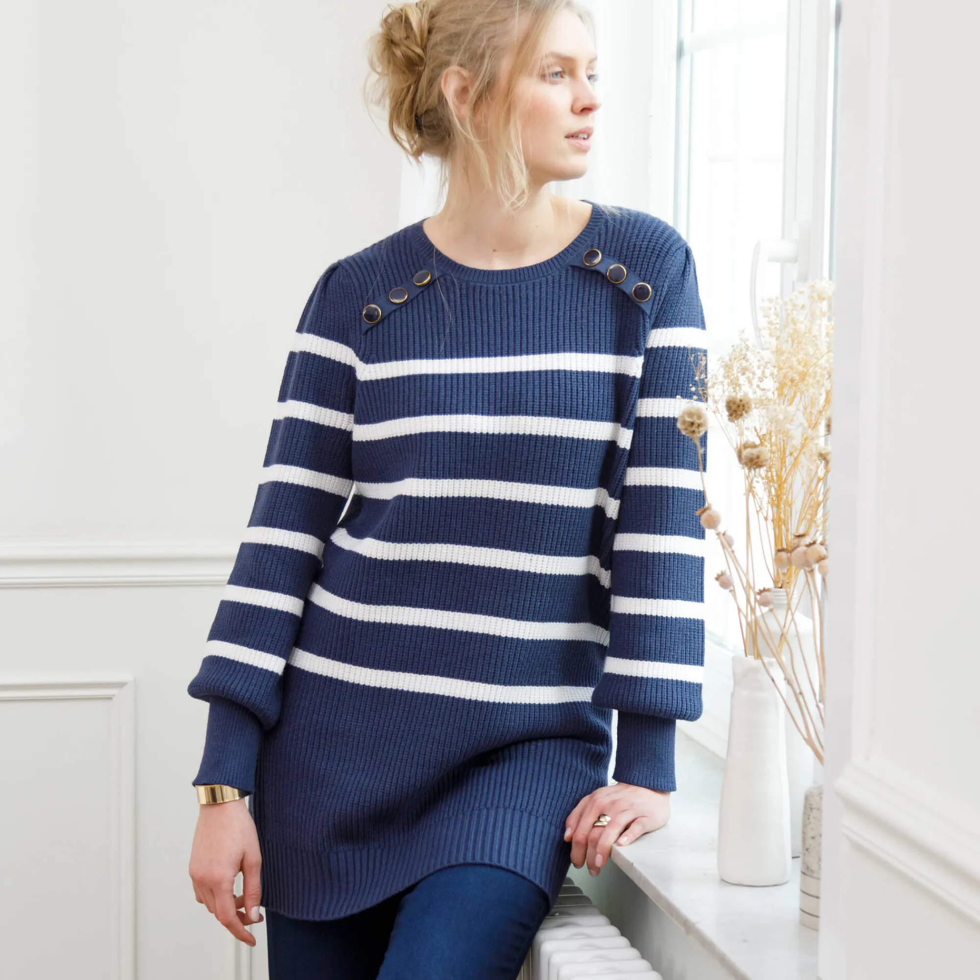Trui En Vest<Blancheporte Tuniektrui met fantasieknopen, gestreept marine / ecru