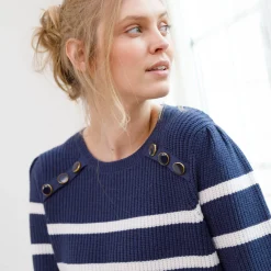 Trui En Vest<Blancheporte Tuniektrui met fantasieknopen, gestreept marine / ecru