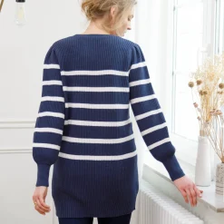 Trui En Vest<Blancheporte Tuniektrui met fantasieknopen, gestreept marine / ecru