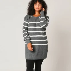 Trui En Vest<Blancheporte Tuniektrui met fantasieknopen, gestreept chiné grijs / ecru