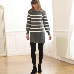 Trui En Vest<Blancheporte Tuniektrui met fantasieknopen, gestreept chiné grijs / ecru