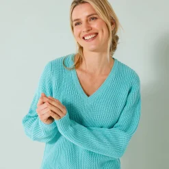 Trui En Vest<Blancheporte Tuniektrui met V-hals in patenttricot turkoois