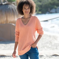 Trui En Vest<Blancheporte Tuniektrui met V-hals in patenttricot perzik