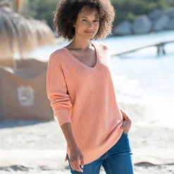 Trui En Vest<Blancheporte Tuniektrui met V-hals in patenttricot perzik