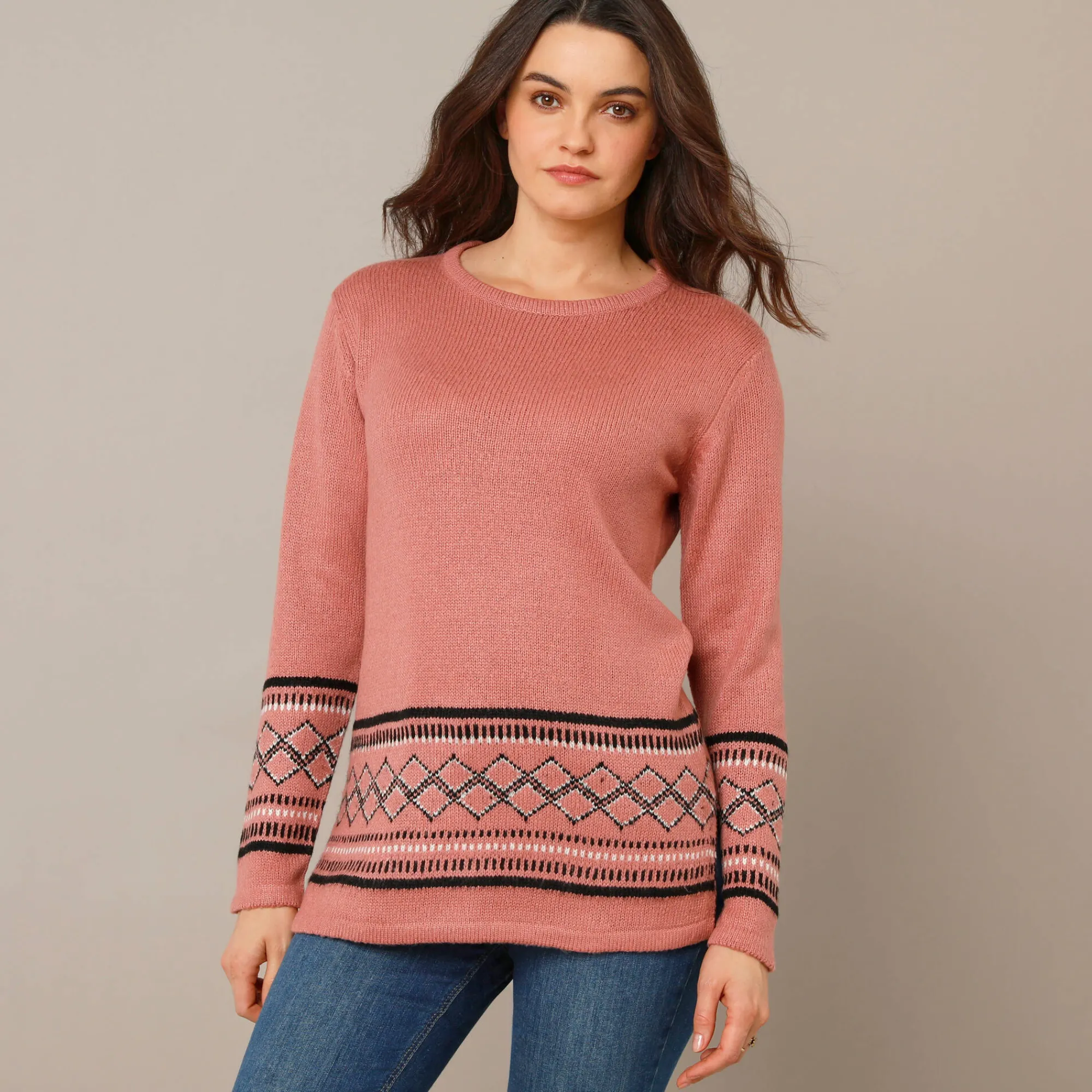 Trui En Vest<Blancheporte Tuniektrui, onderkant en polsen in jacquard grijsroze