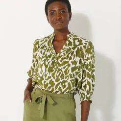 Bloes En Tuniek<Blancheporte Tweekleurige bloes met Tunesische hals, ellebooglange mouwen met smokwerk beige / groen