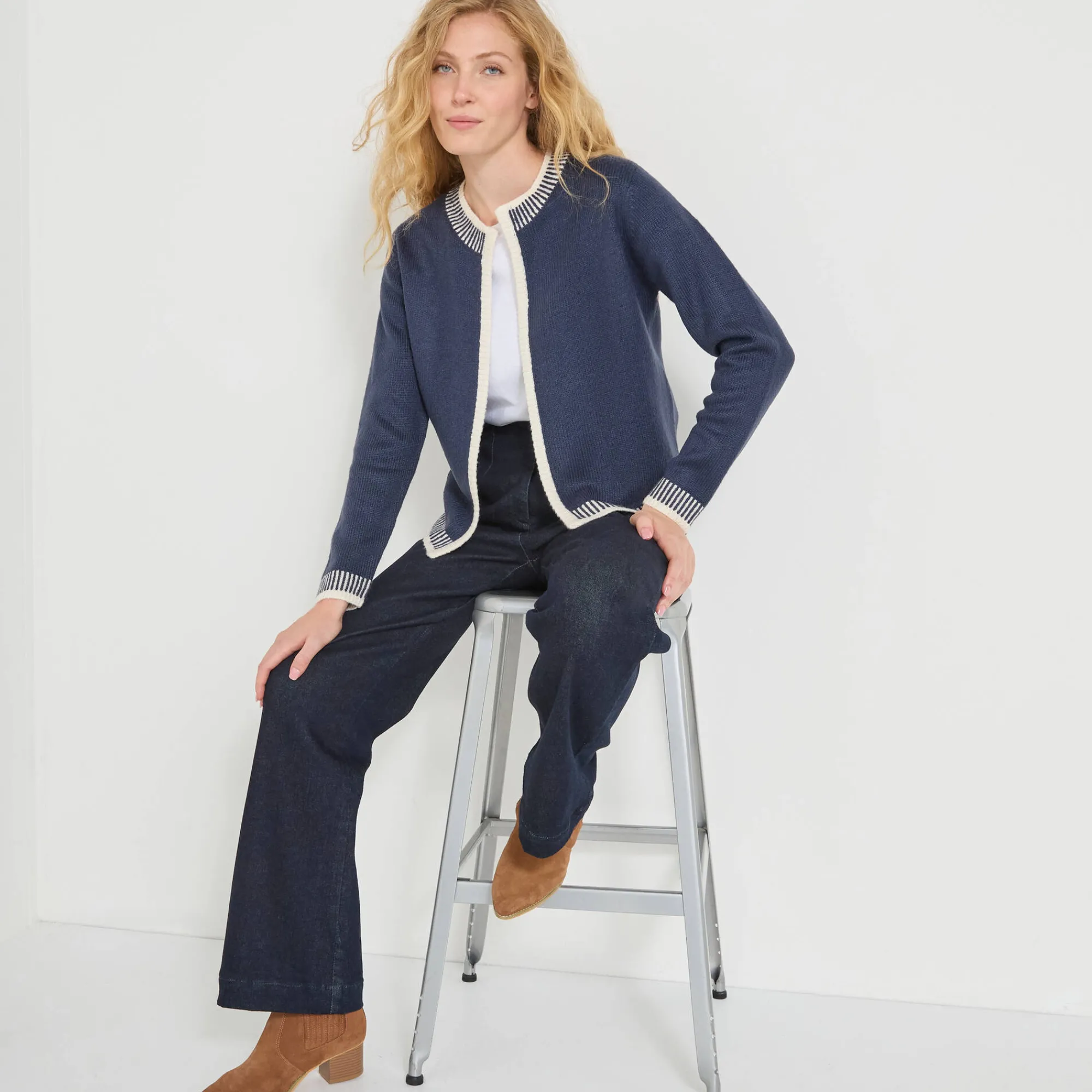 Trui En Vest<Blancheporte Tweekleurige cardigan, ronde hals marine / ecru