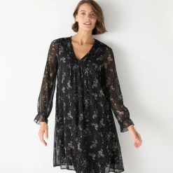 Feestoutfits Dames|Jurk<Blancheporte Tweekleurige jurk met plooitjes, bladerenprint zwart / beige