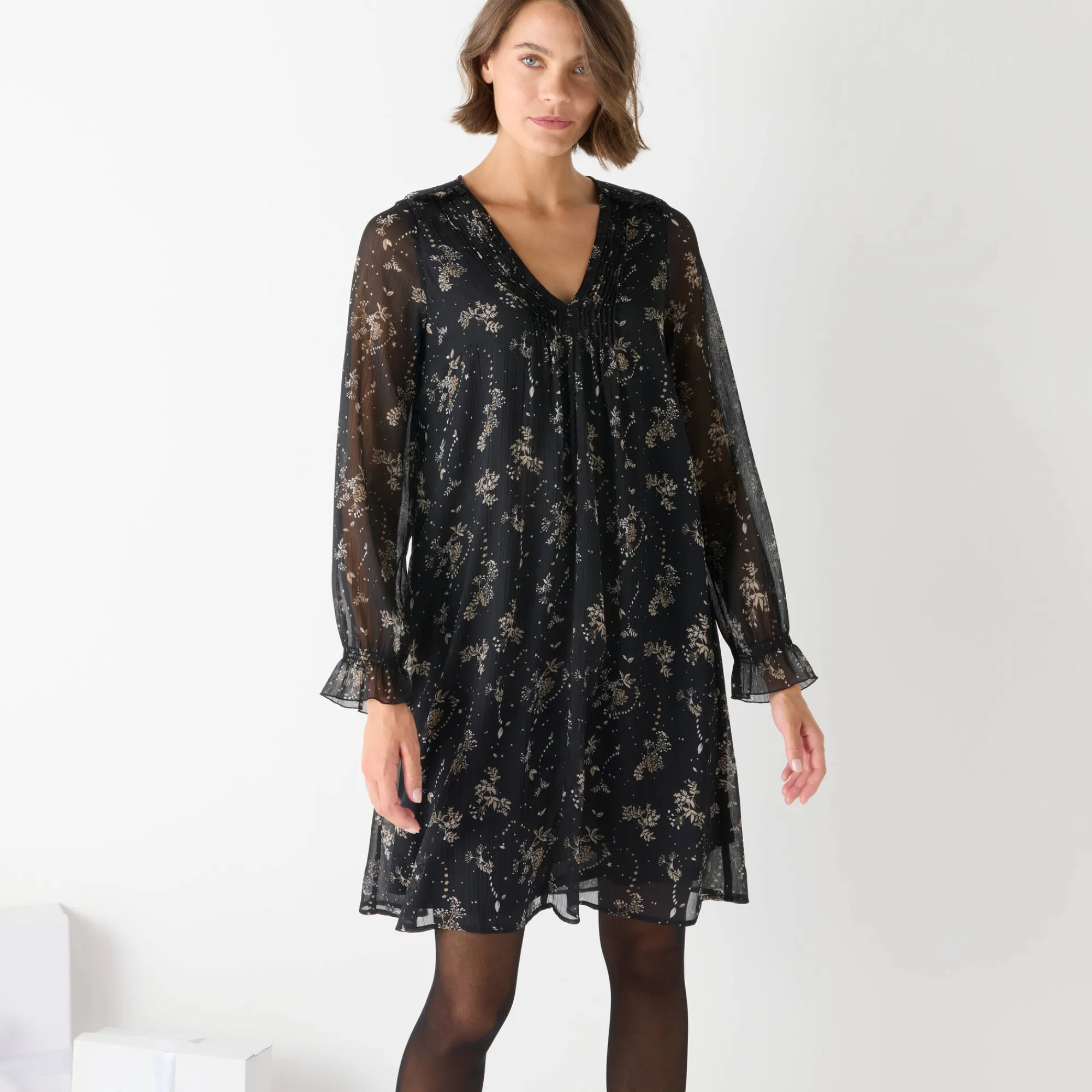 Feestoutfits Dames|Jurk<Blancheporte Tweekleurige jurk met plooitjes, bladerenprint zwart / beige