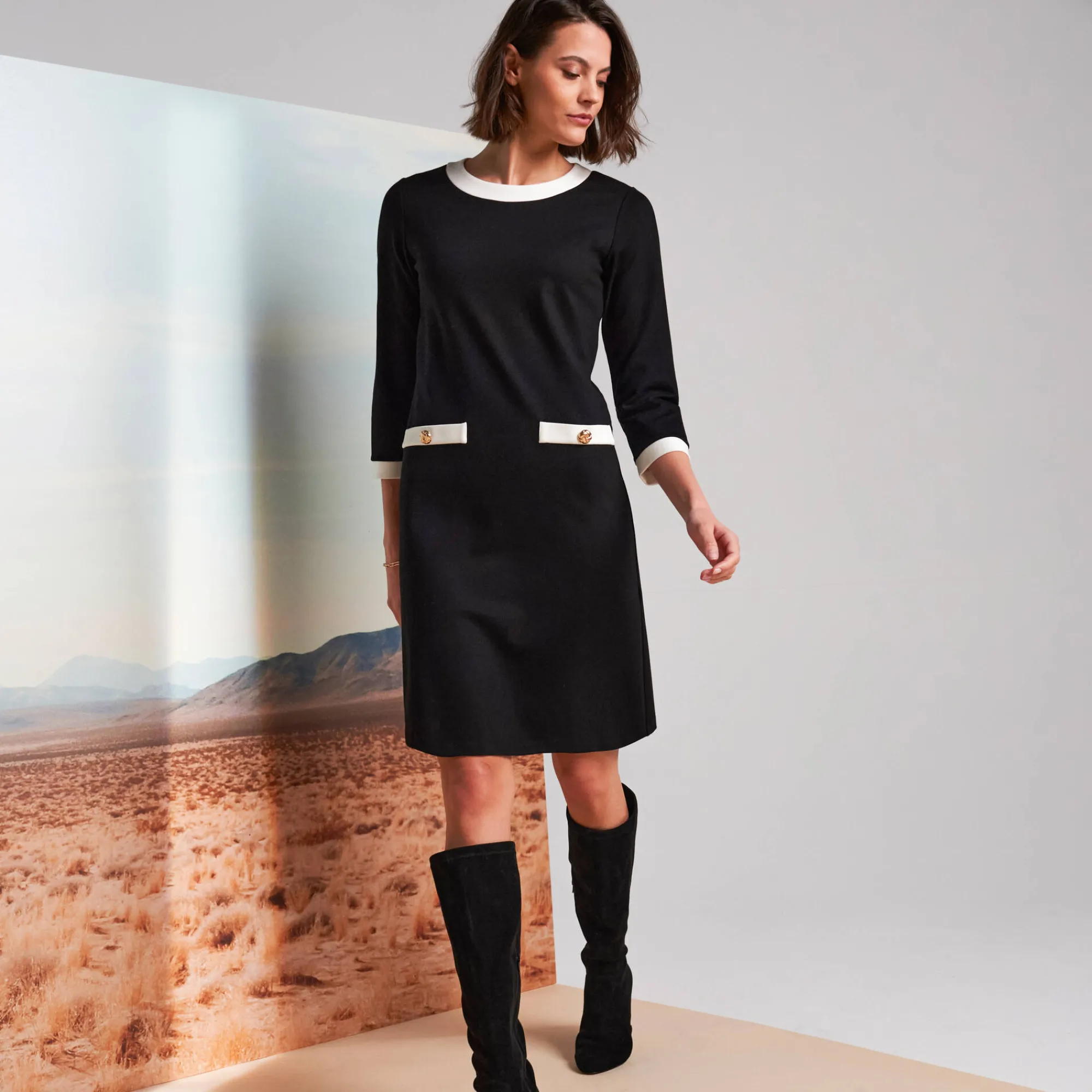Jurk<Blancheporte Tweekleurige jurk, milanotricot zwart / ecru
