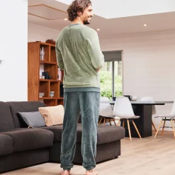 Pyjama En Kamerjas<Blancheporte Tweekleurige pyjama in fleece met lange mouwen kaki