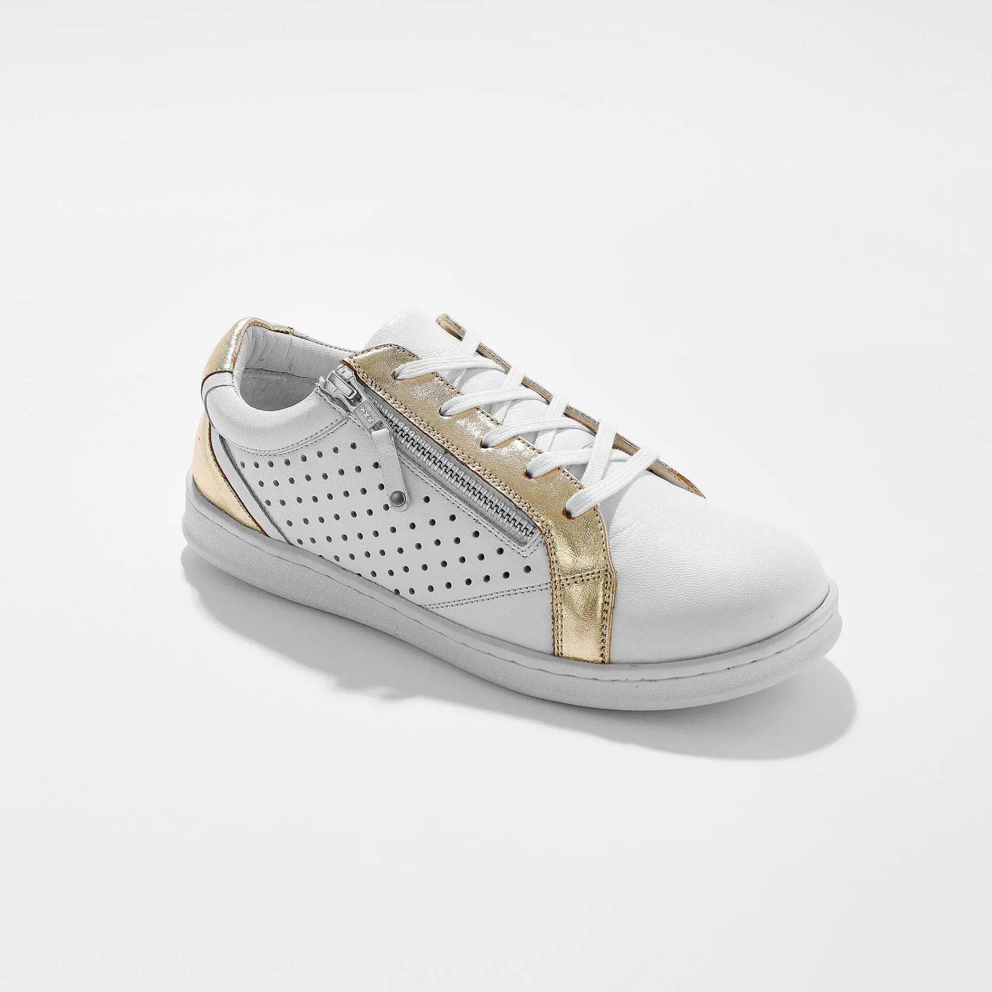 Baskets En Sneakers|Schoenen<Blancheporte Tweekleurige sneakers in geperforeerd leer met rits wit / goudkleurig